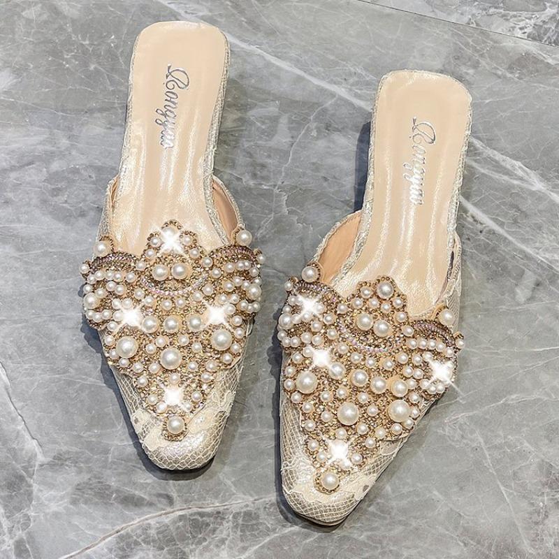 Elegant Lace Wedding Shoes Flat Pointed Toe Semi-Slipper Women Summer Cool Slippers Pearl Rhinestone Lazy Person Slippers