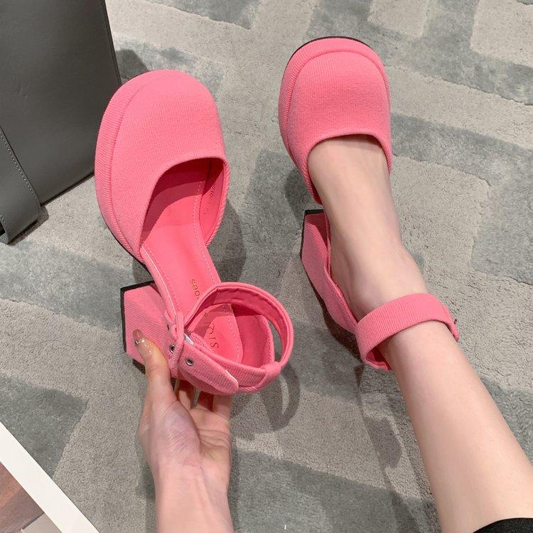 

Модные супер высокие каблуки Мэри Джейн Высокие каблуки Женские 2024 Весна Новые Розовые Принцесса Квадратный носок Толстый каблук Модные ажурные сандалии 40 розовый