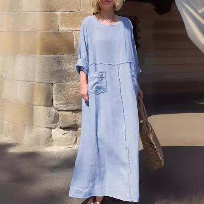Summer Women's Solid Color Cotton Linen Dress Round Neck Long Sleeved Casual Pleated Double-sided Pocket Dress