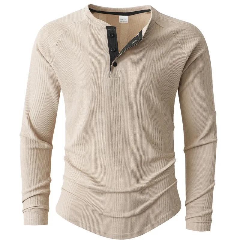 

Bottoming Shirt T-shirt Vertical Stripe Men s POLO Shirt New Round Neck Long Sleeve Henley S хакі