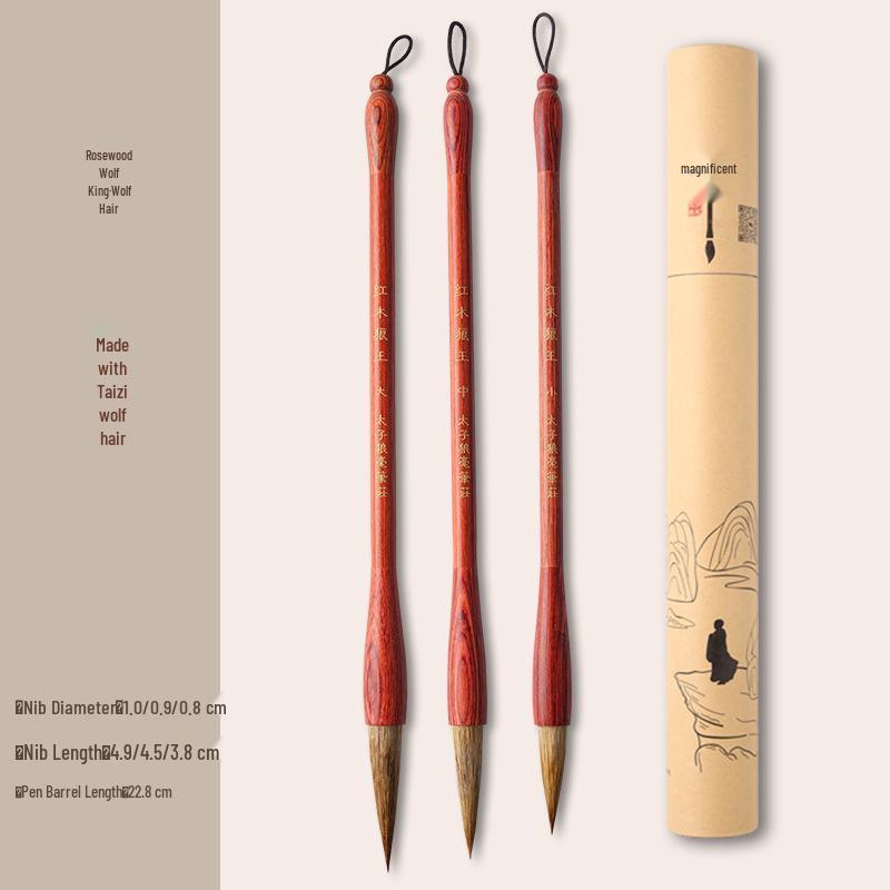 Rosewood Multi-Style Calligraphy Brush Set: Bristle, Wolf, Sheep Hair; Seal, Clerical, Running Script; Ou, Liu, Yan, Zhao Styles.