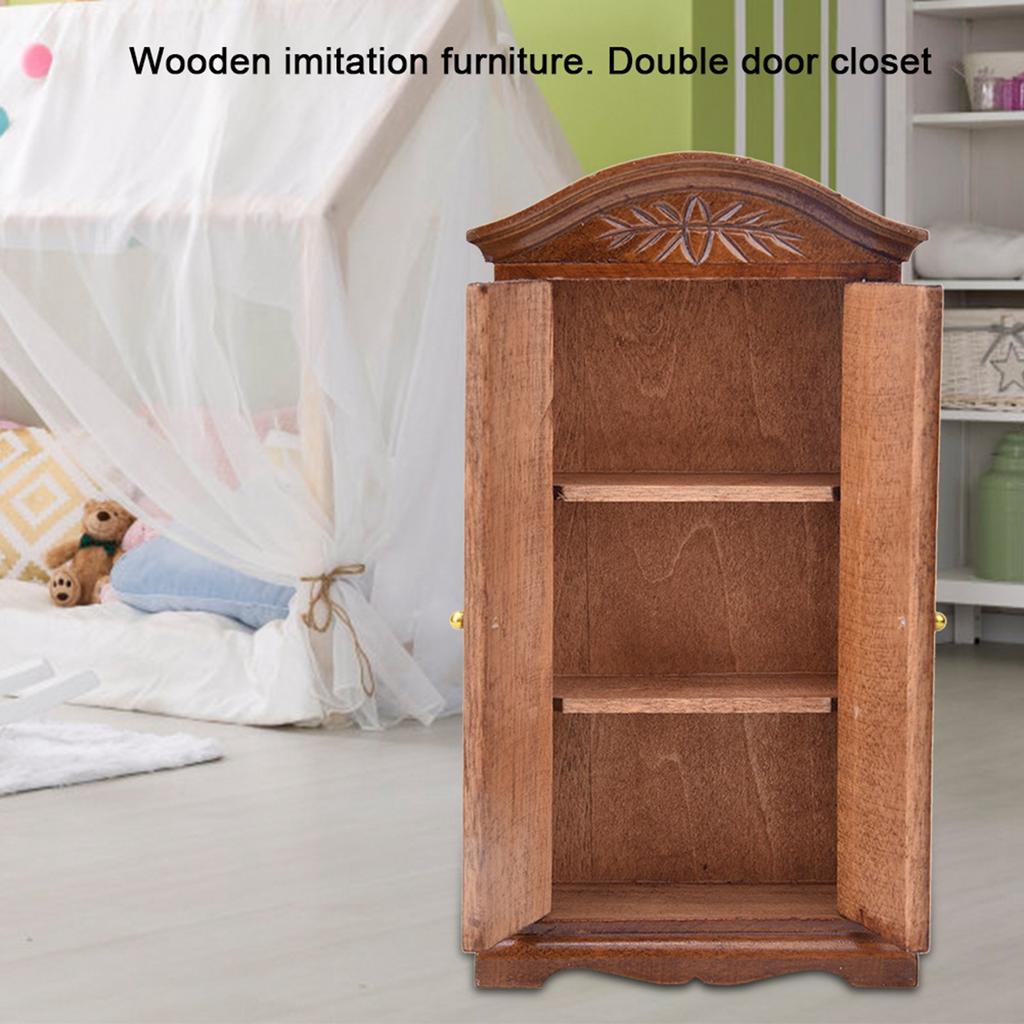 1:12 Scale Mini Vintage Wooden Double Door Closet Wardrobe Dolls House Accessory Dollhouse