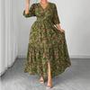 Women Plus Size V Neck Floral Print Slit Midi A Line Dress