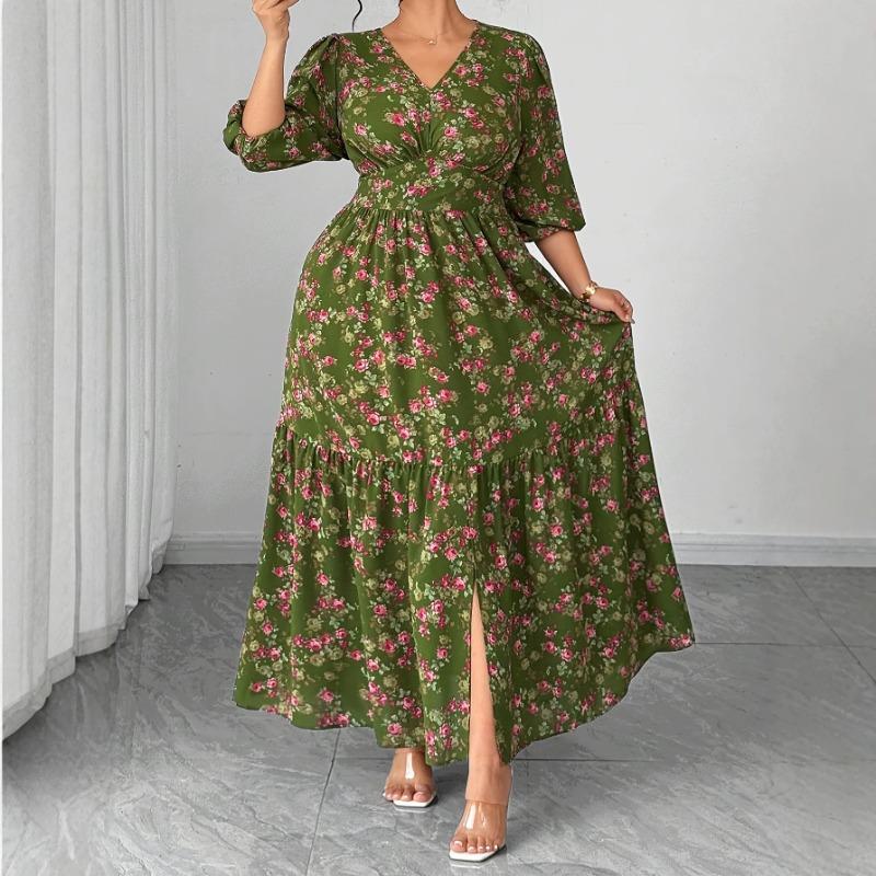 Women Plus Size V Neck Floral Print Slit Midi A Line Dress 1XL