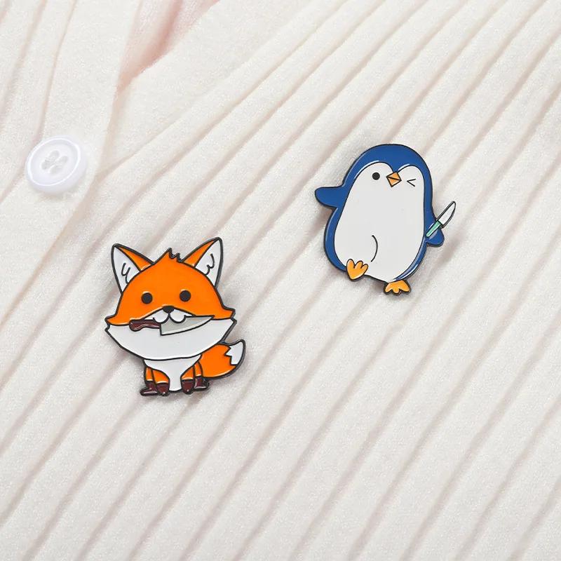 Funny Cartoon Fox Knife Art Brooches Enamel Metal Badges Animal Pins Backpack Hat Shirt Lapel Pin for Kids Women Bag Clothes DIY