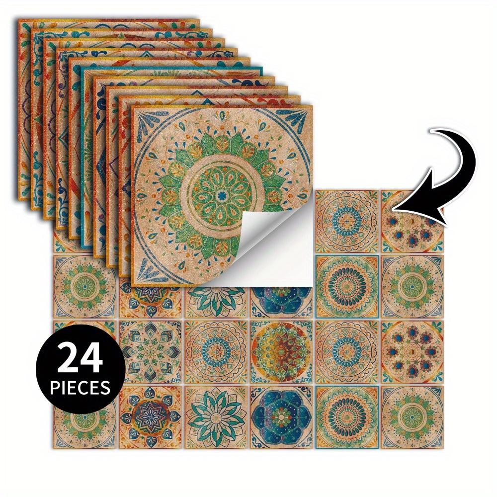 24pcs Vintage Self Adhesive Ceramic Tile Stickers Peel and Stick Backsplash Waterproof Wallpaper Wall Stickers Decorative Tiles for Kitchen Bathroom
