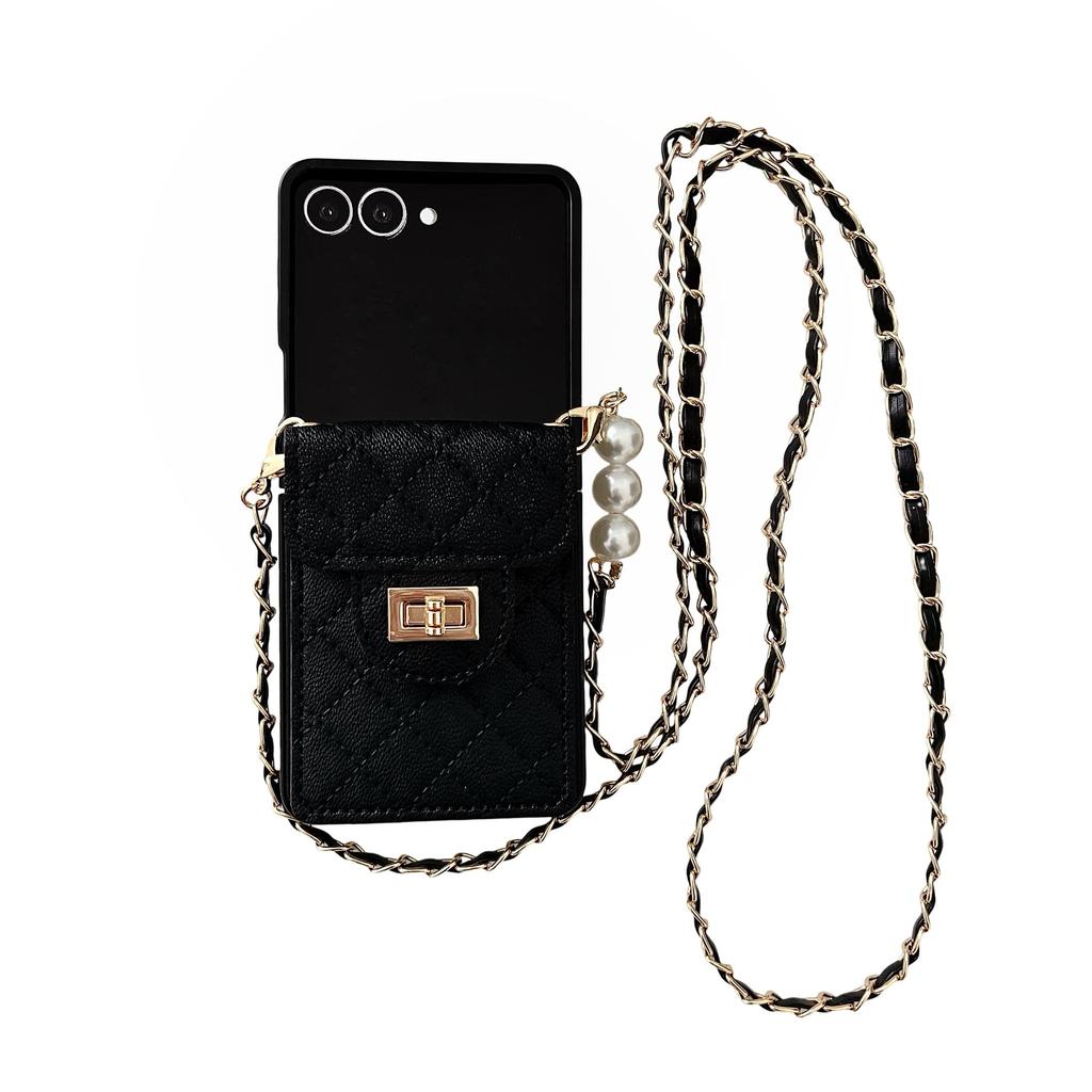 Fragrant Pearl Crossbody For Women Luxurious Card Holder Wallet Phone Case for Samsung Galaxy Z Flip 7 6 5 4 3 Shockproof Cover