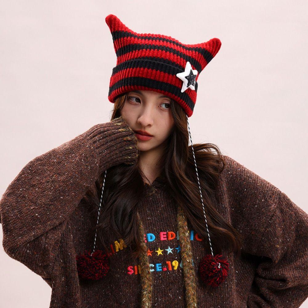 Star Cat's Ears Knitted Hat Harajuku Woolen Hat Cute Slouchy Knitted Beanies  Autumn
