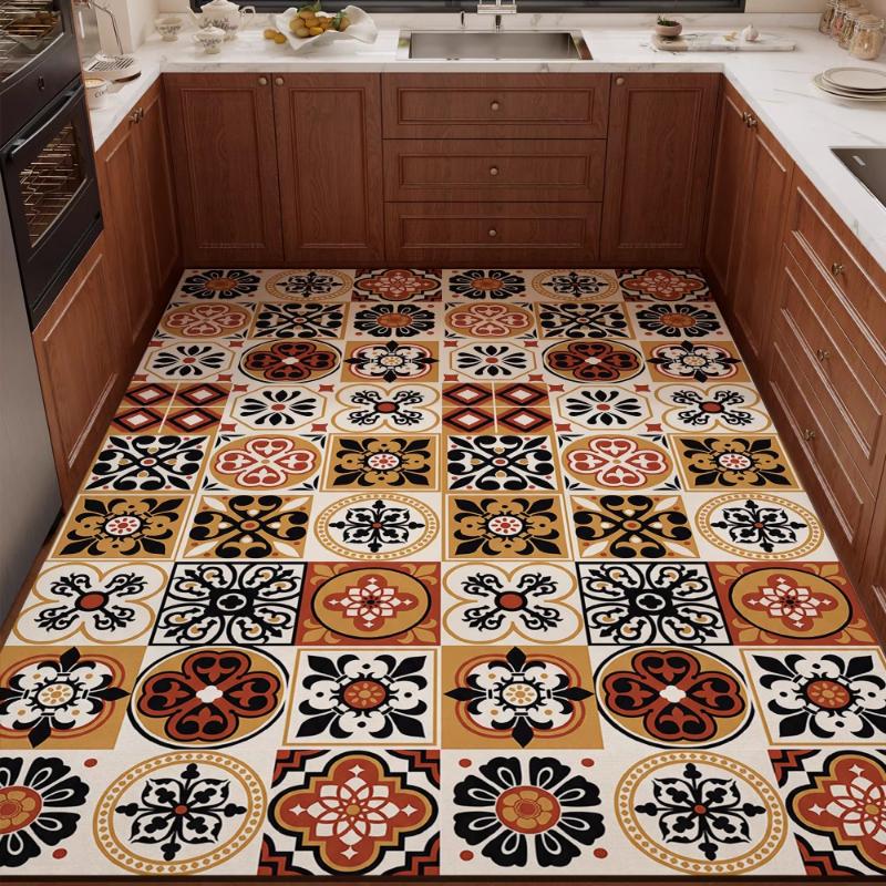 PVC Kitchen Carpet Waterproof Non-Slip Oil-proof Leather Floor Mat Large Size Rug Retro American-Style Home Decor Rugs Alfombra