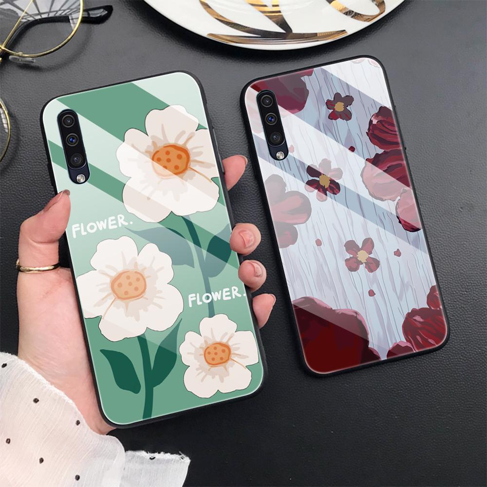Flower Painting Floral Case For Samsung Galaxy A71 A72 A70 A73 A53 A13 5g A03 A22 A21s A03 Core A42 A52 Luxury Glass Cover Coque