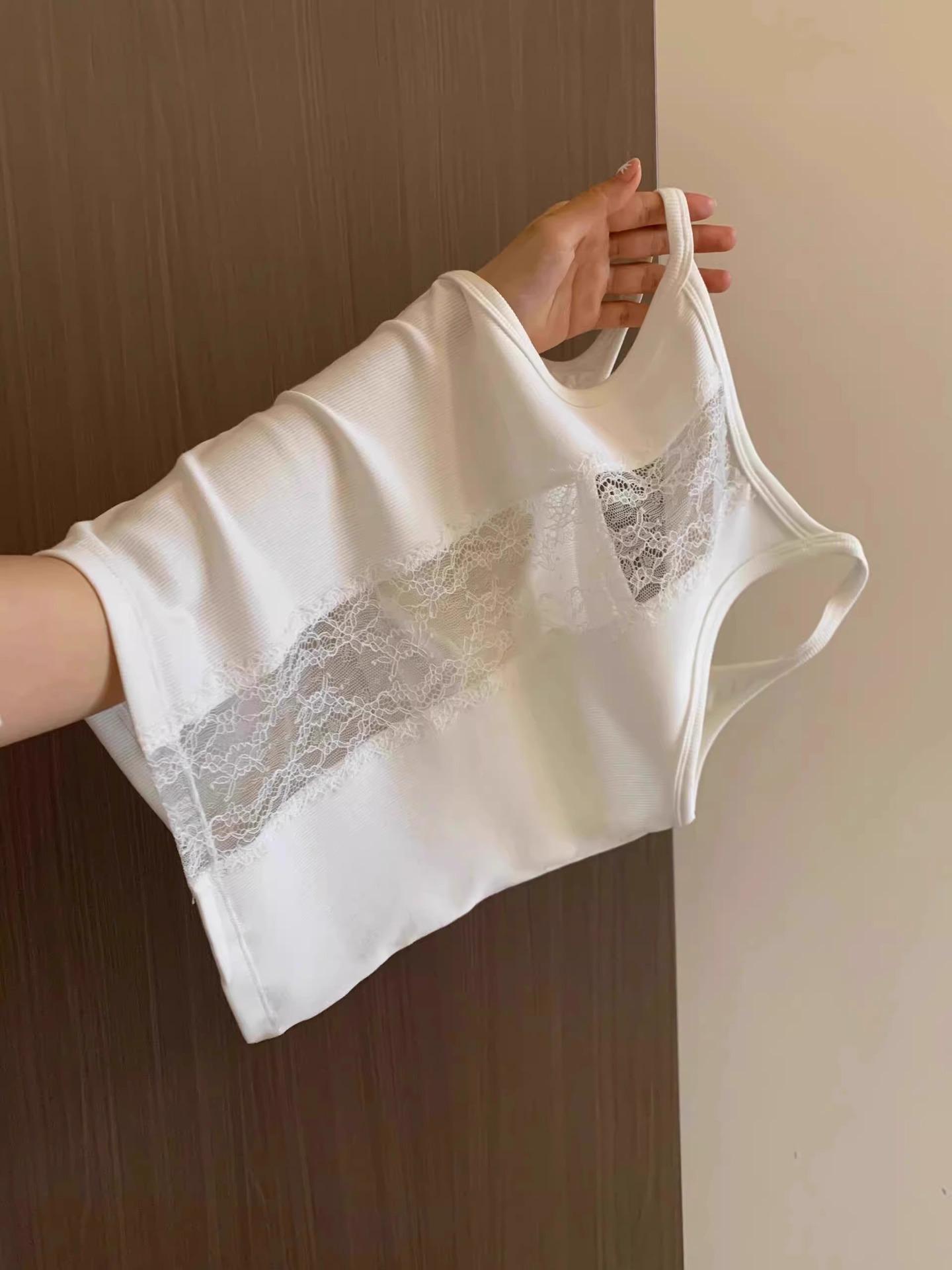 

Белая кружевная лоскутная майка с встроенным бюстгальтером для женщин - летний топ с квадратным вырезом XL