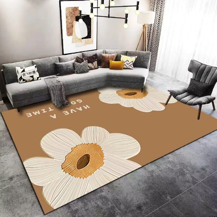 Modern Minimalist Brown Large Floral Daisy with Leaves Pattern Carpet Mat for Living Room Bedroom Bed End Home Decoration Rug