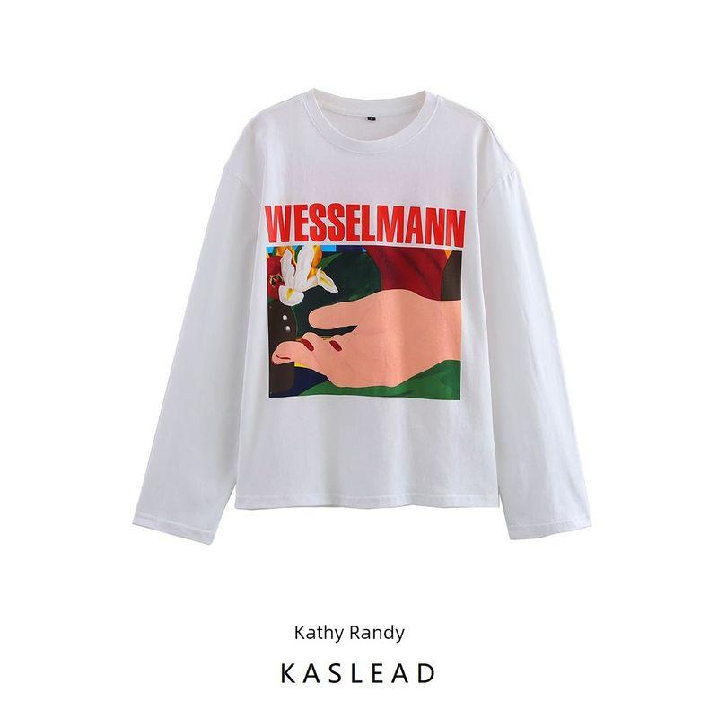 Kaslead New Arrival Women's Fashion Style Stylish Simple and Versatile Print Long Sleeves T-shirt Tops 0085876