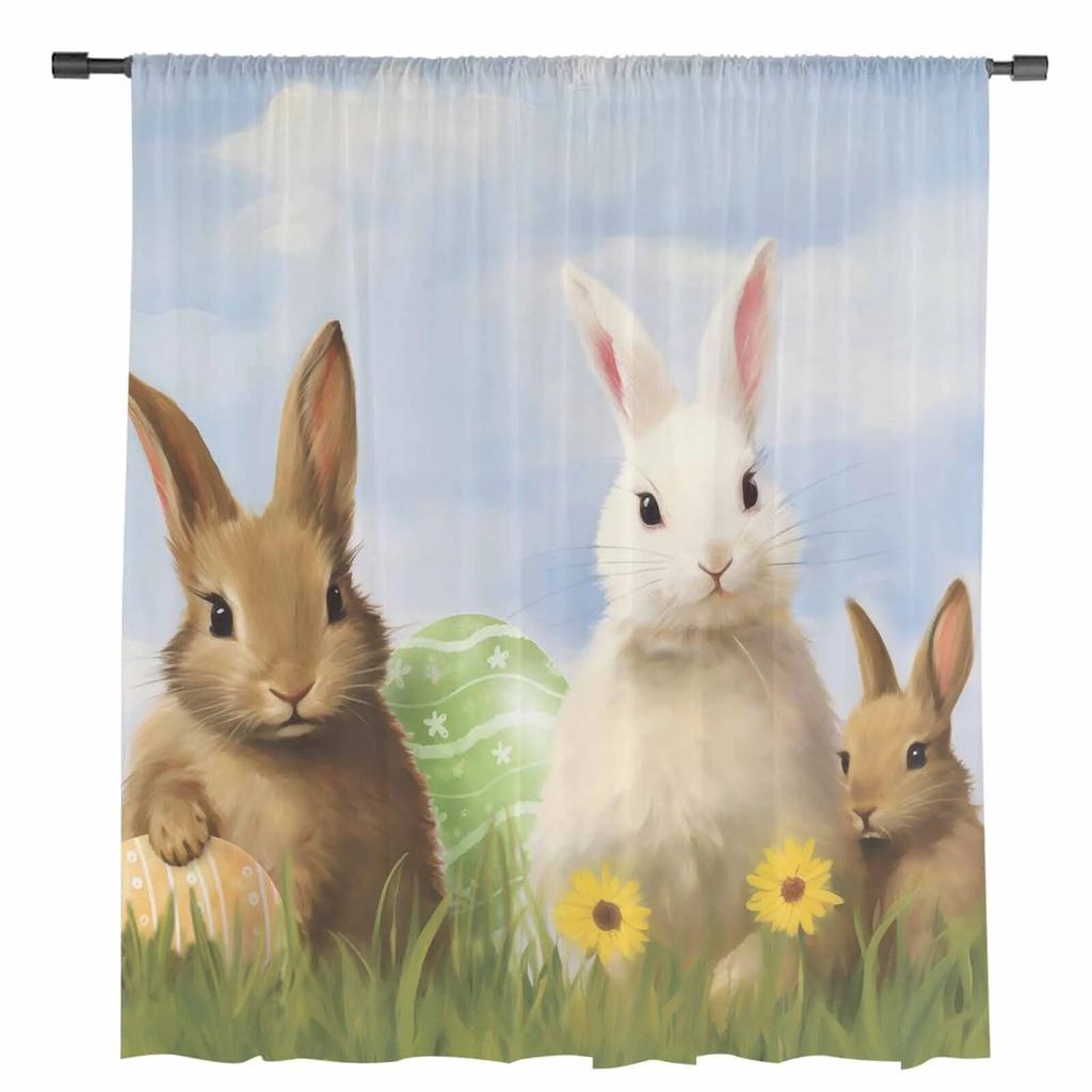 Easter Egg Bunny Daisy Sheer Curtains For Living Room Kitchen Window Curtains Bedroom Tulle Voile Curtains