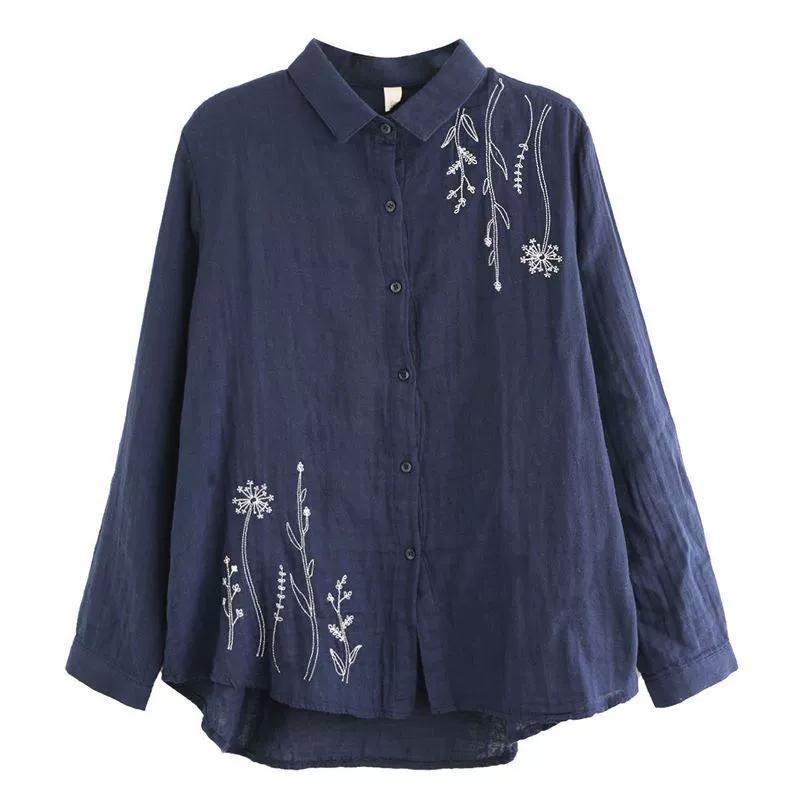Camicetta in Cotone Primaverile Semplice Letteraria da Donna a Maniche Lunghe Camicia Ricamata Floreale Larga e Versatile