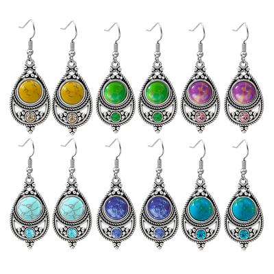 Vintage Ethnic Style Dangle Earrings for Women Zircon Inlay Polychrome Antique Silver Eardrop Daily Wear Party Decors Gifts
