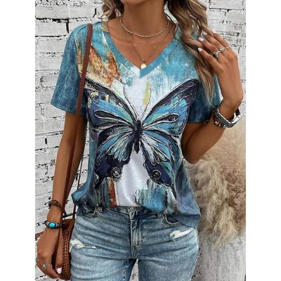 2025 New Women T-Shirts Butterfly Graphic Print Fashion Short Sleeve V-Neck Comfort Regular Tops Summer Casual Female Clothing