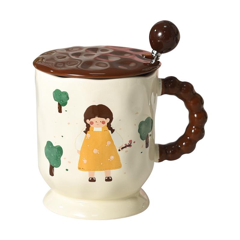 Cartoon Character Cute Mug with Lid and Spoon Retro Girl High Looking Ceramic Children's Cup for Drinking Water for Home Use