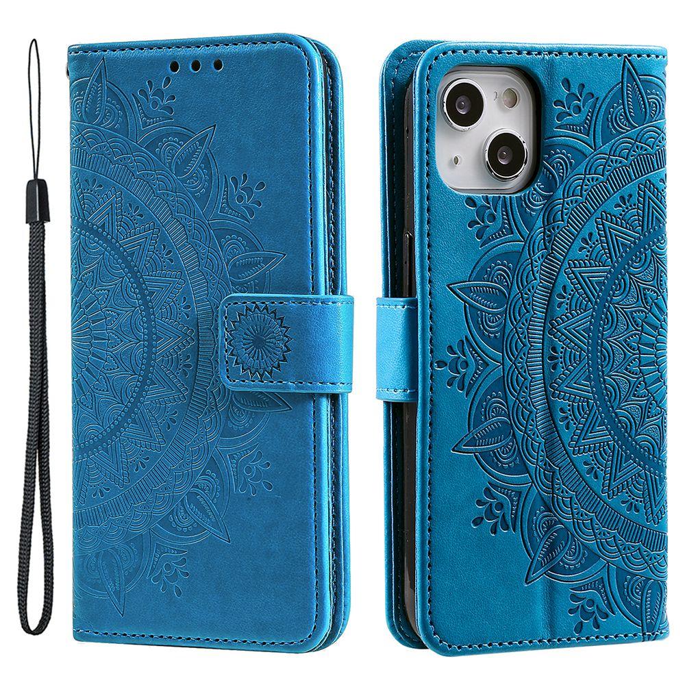 For iPhone 15 PU Leather Stand Cover Mandala Flower Imprint Wallet Phone Case with Strap