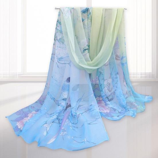 Elegantní dámský šátek Květinový vzor Vzor ptáků Hedvábný Barevný Široký Sluneční clona Šifon Omyvatelný Cestovní Dámský šál Doplněk oblečení