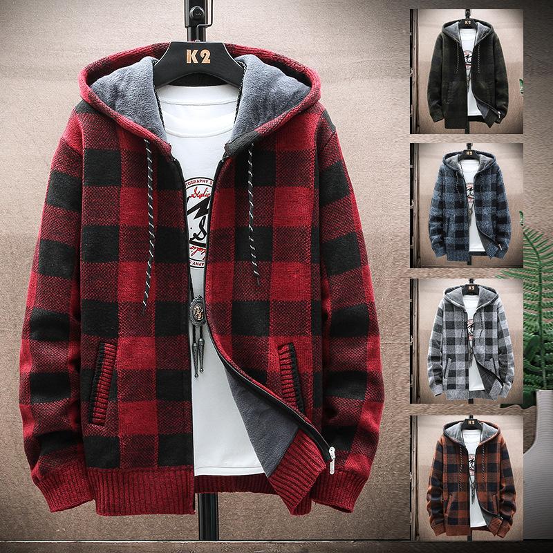 Plaid Hooded Cardigan Men Clothing V Neck Sweater Men Cardigen Retro Clothes Hip Hop Knitwear Autumn Winter