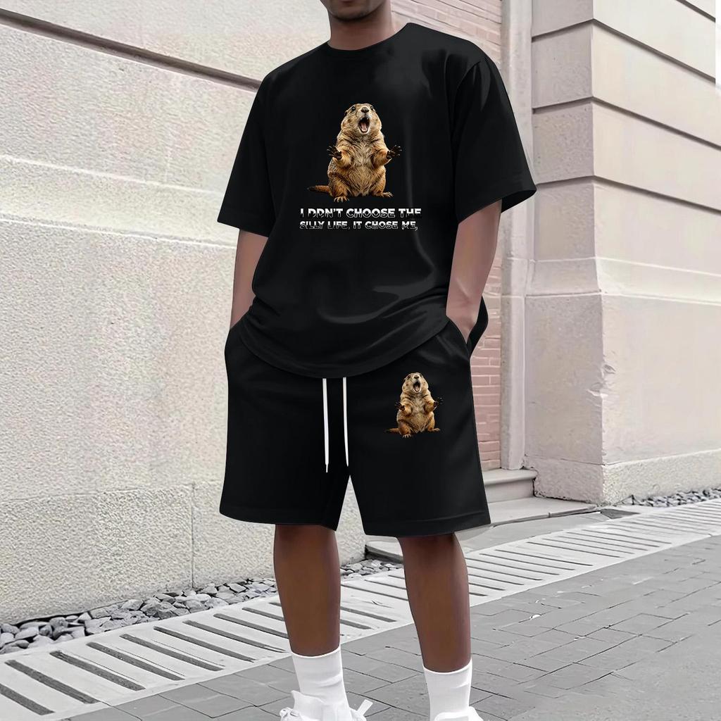 Men's Casual Two Piece Set Short Sleeve Crew Neck T Shirt and Shorts with Animal Print Loose Fit Summer Outfit Comfortable Daily Wear