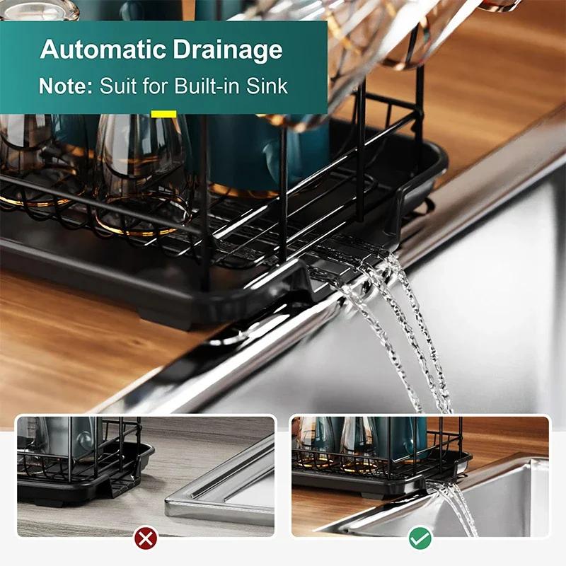 2 Tier Dish Drying Rack Drain Board Set Tableware Drainer Kitchen Countertop Storage Rack Space Saving Organizer for Countertop