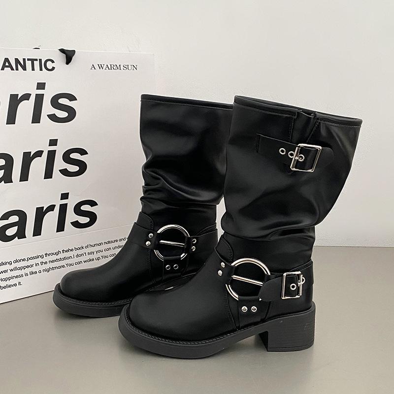 Thick Heel Women Mid Calf Boots Fashion Buckle Decoration Shoes Autumn Winter Ladies Western Cowboy Boots
