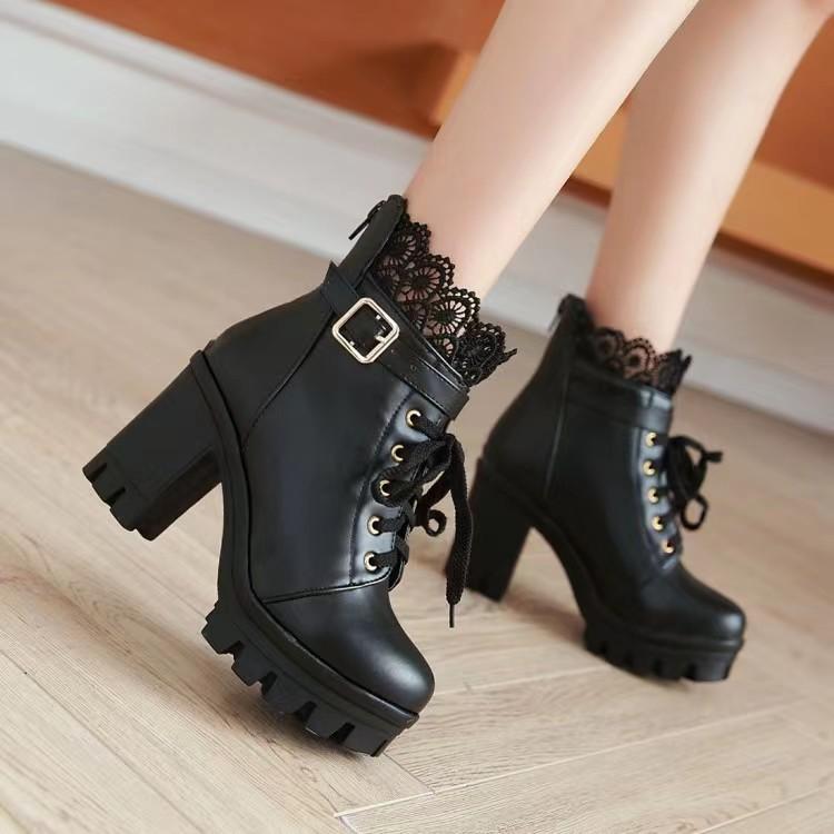 

Autumn and Winter Short Boot Block High Heels Women Ankle Boots White Shoes Lace Decor Lace Up Chunky Heeled Platform Boots 33EU/CN34 чорний