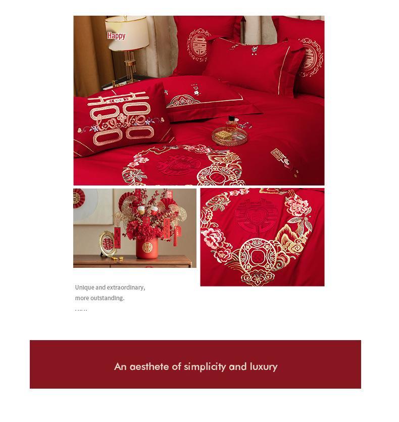 Luksusowy zestaw pościeli ślubnej z haftowanymi Smokiem i Feniksem - 4-częściowa, świąteczna, czerwona kołdra dla nowożeńców