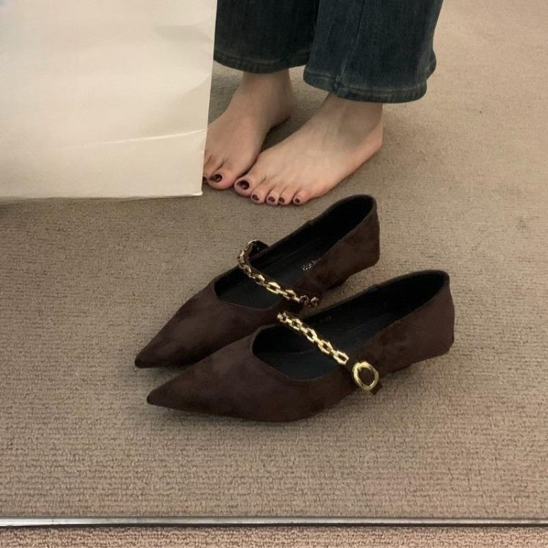 

Spring and Autumn Metal Chain Stiletto Single Shoes Fashion Pointed Toe Shallow Mouth Suede Low Top Shoes 41 кавовий