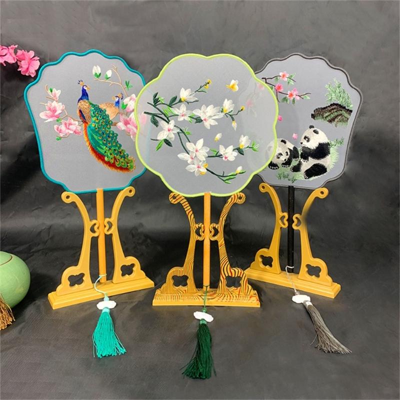Chinese Styles Ancient Embroidery Fan Decorations Long Handle Tassels Double Side Hand Fan for Womens Girl Performances