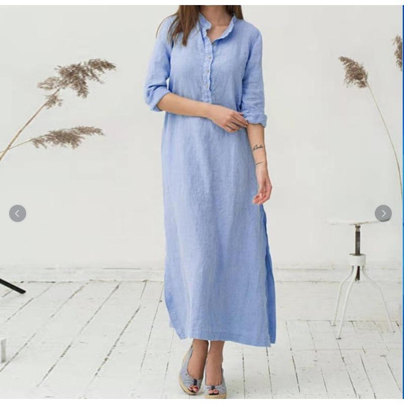 

Ретро длинная юбка в национальном стиле из льна и хлопка, длинное и свободное платье с завышенной талией S небесно-голубой