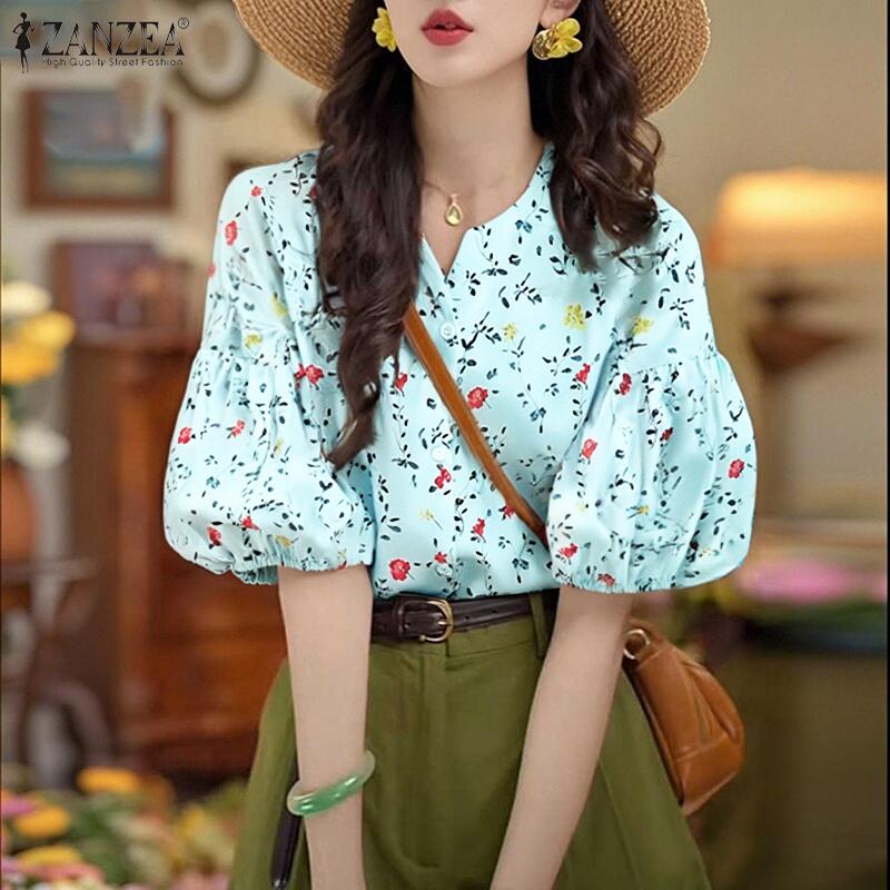 ZANZEA Women Casual V-Neck Summer Half Sleeve Floral Blouse