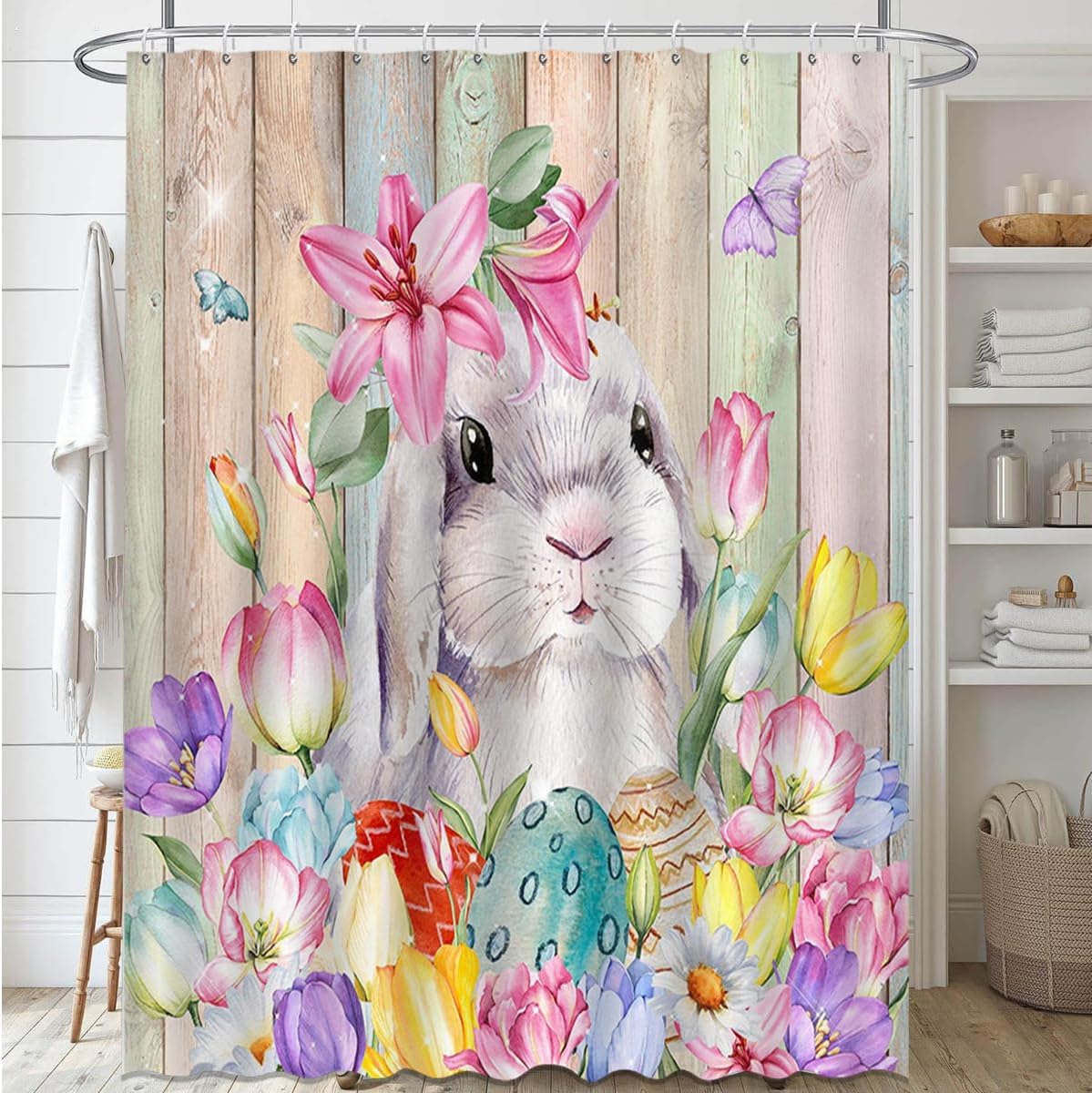 

Cute Bunny Floral Shower Curtain Easter Rabbit Truck Watercolor Flower Plant Green Leaves Butterfly Bathroom Decor with Hooks 35x70inch-90x180cm