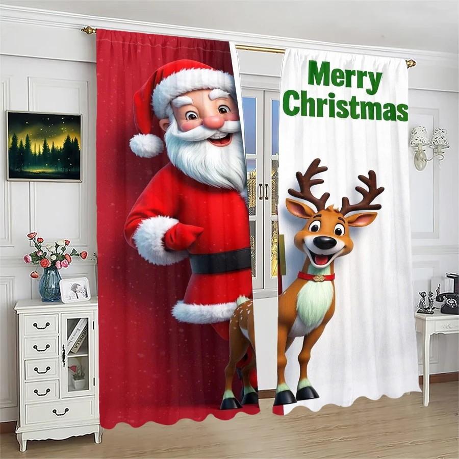 Set Of 2 Jit Cartoonish Santa Reindeer Curtain Design Polyester Christmas Window Decor With Rod Pocket Light Blocking