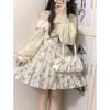 Sweet Lolita Style 2 Piece Dress Set Women Pink Bow Knitted Coat Kawaii Floral Mini Dress Female  Beach Party Suit