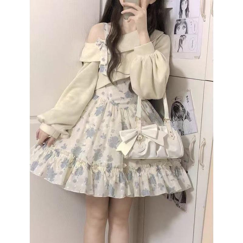 Sweet Lolita Style 2 Piece Dress Set Women Pink Bow Knitted Coat Kawaii Floral Mini Dress Female  Beach Party Suit