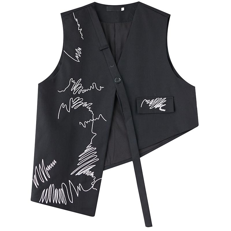

Embroidery Irregular Ribbon V-neck Vest Woman Spring Autumn Single Button Street Casual Vintage Waist Coat M чёрный
