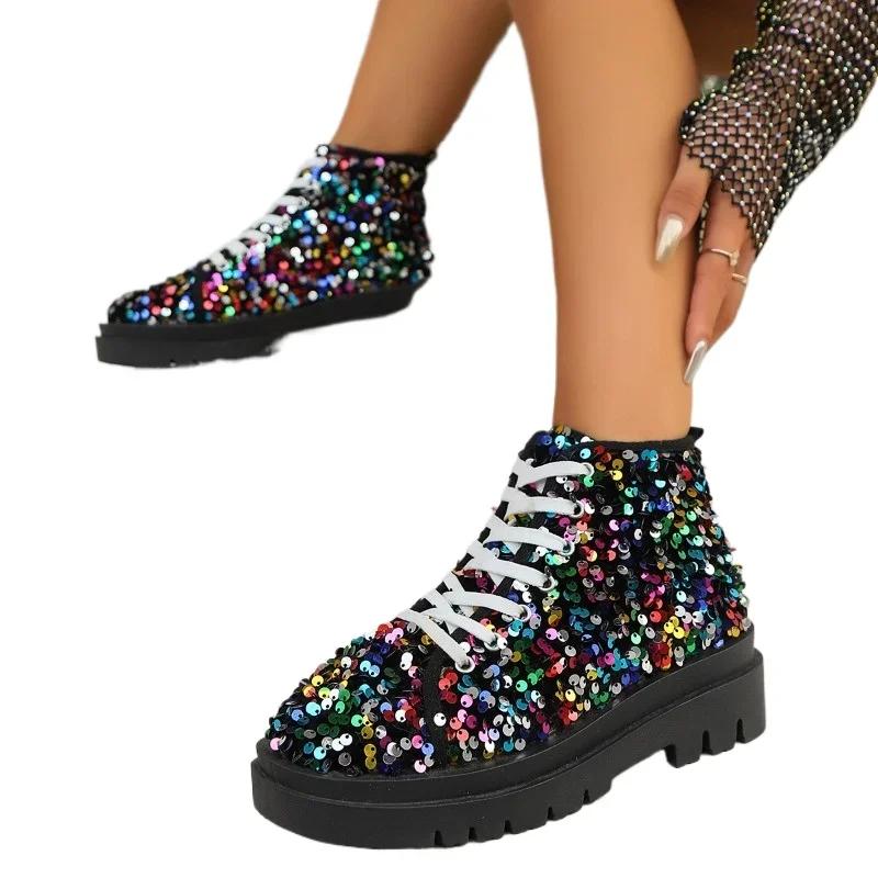 

Мода 2024 Женская обувь Осенние женские ботинки на платформе Современные ботинки Женские блестящие круглые носки Перекрещенные туфли на толстом каблуке Женские 40 чёрный