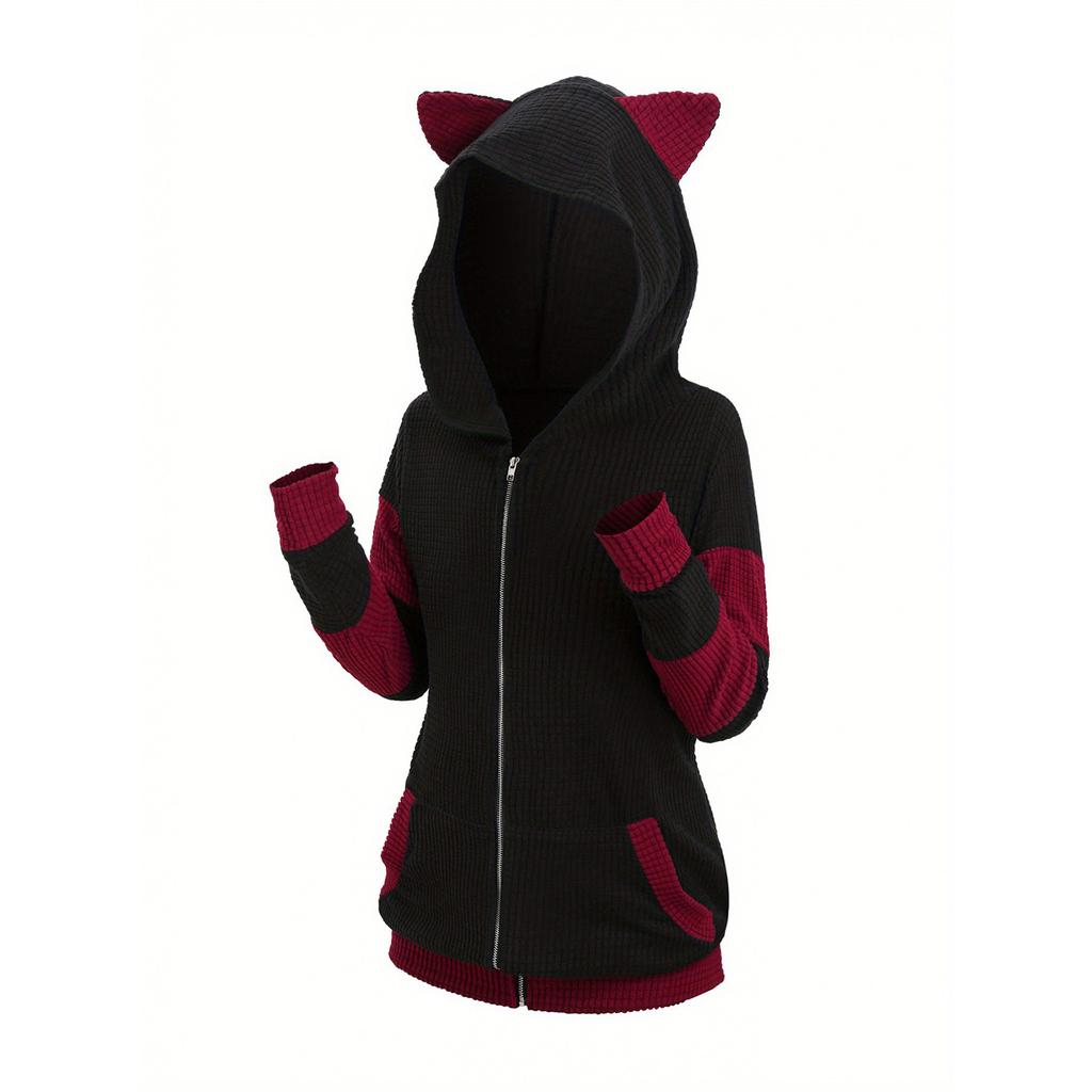 European & American Fall/Winter Hoodie - Thickened Ears Mid-Length Color-Block Hooded Cross-Border Sweatshirt