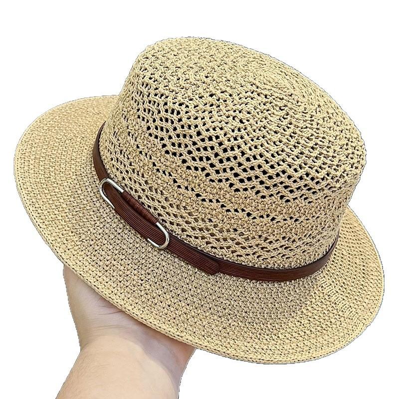 Belt Buckle Flat Top Straw Hat Retro Women'S Summer Uv Protection Sun Hat Hollow Breathable Vacation Sun Protection Top Hat