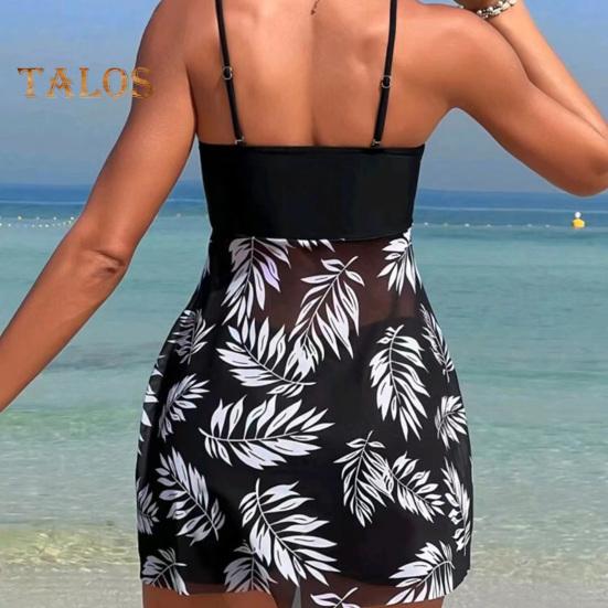 Conjunto de 2 piezas de tankini con tirantes ajustables, relleno, aros, bandeau, calzoncillos tipo bóxer, diseño de empalme de malla, ropa de baño para playa
