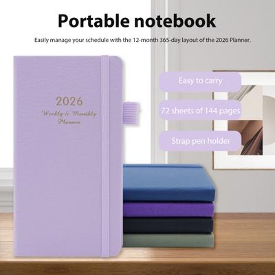 2026 Pocket Planner with Elastic Strap Pen Loop Ribbon Bookmark Weekly Monthly Academic Planner 12 Months Schedule Management Hardcover Notebook