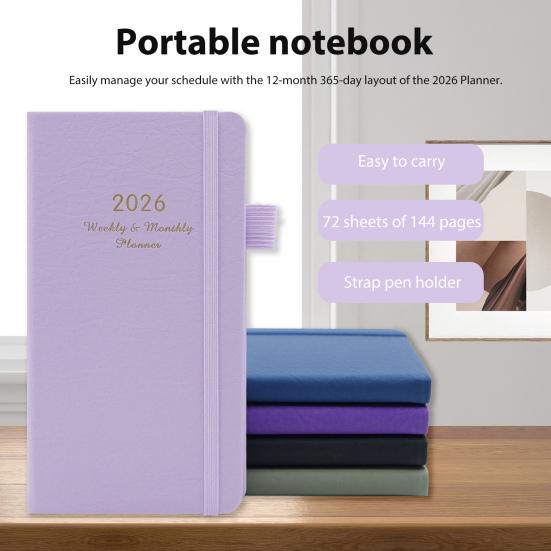 2026 Pocket Planner with Elastic Strap Pen Loop Ribbon Bookmark Weekly Monthly Academic Planner 12 Months Schedule Management Hardcover Notebook