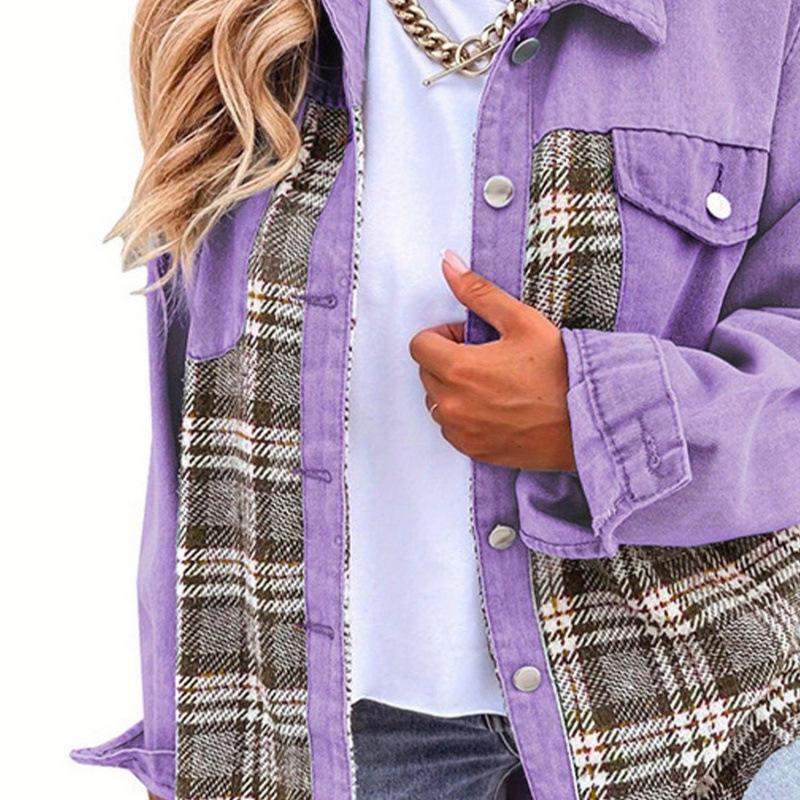 2026 European & American Style Patchwork Plaid Denim Jacket - Soft, Warm, Fashionable