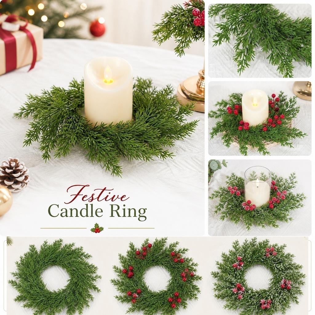 Artificial Christmas Candle Wreath - Faux Decorative for Candle Holder, Holiday Table Centerpiece