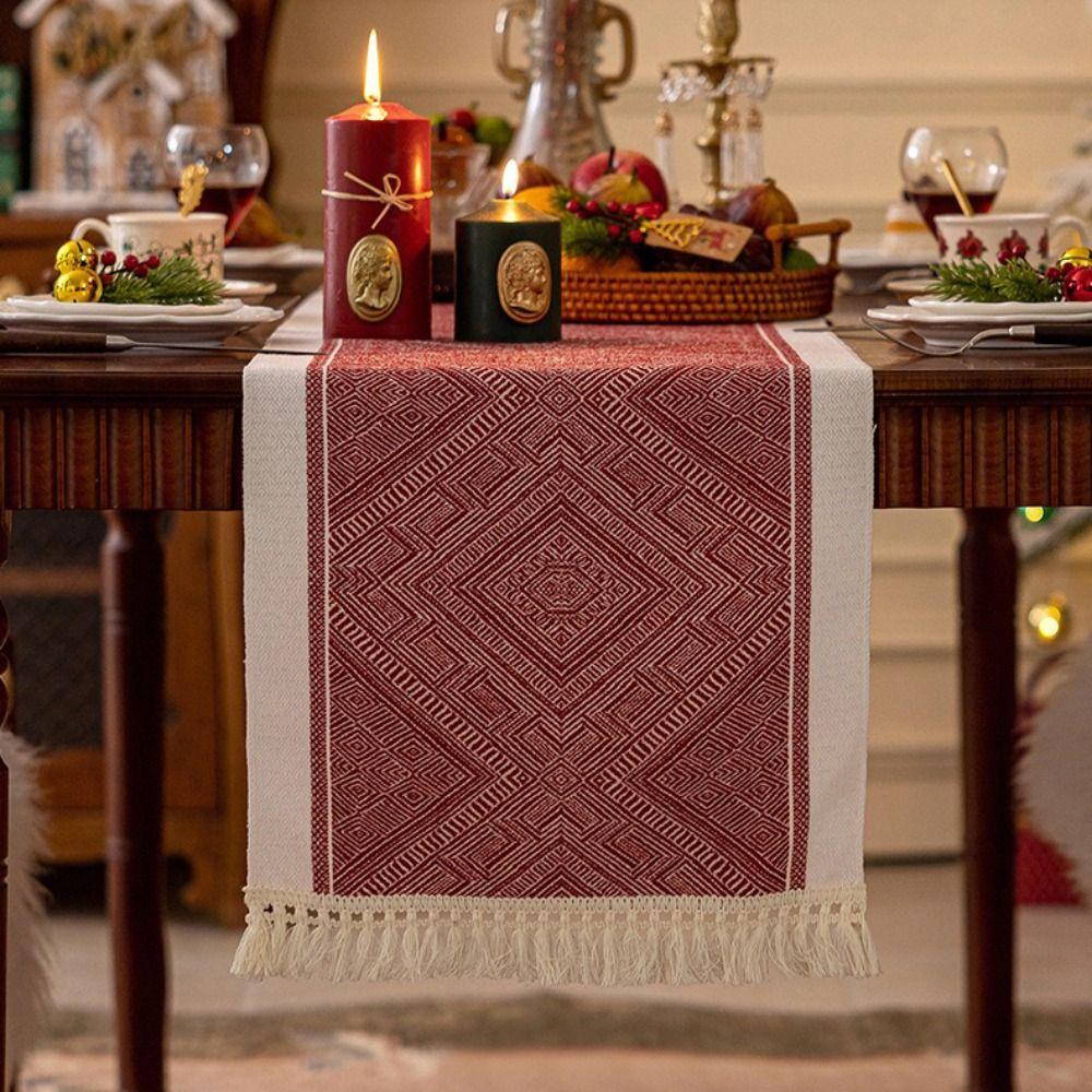 Polyester Christmas Table Runner Cartoon Pattern Santa Claus Pattern Table Flag Multi-Color Tassel Snowflake Pattern