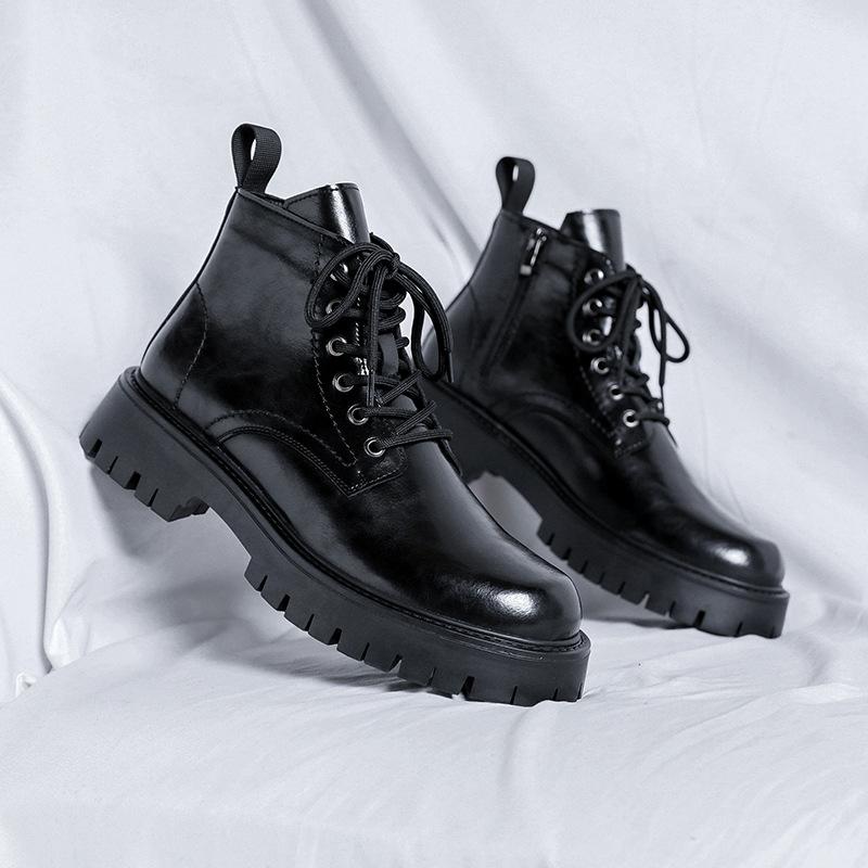 Martin Boots Herr Ny Casual Brittisk Trend Mångsidiga Tjocka Sulan Mellanhöga Svarta Lokomotivstövlar 6895-R