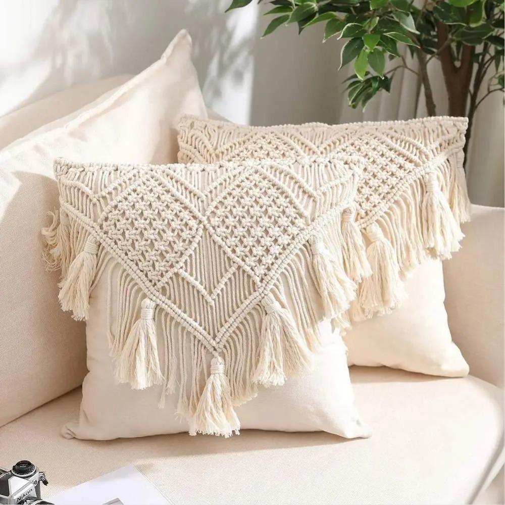 Home Decor Hand-woven Bohemian Macrame Pillow Cover with Tassel Pastoral Sofa Cushion Cover Washable Square Pillowslip Bedroom